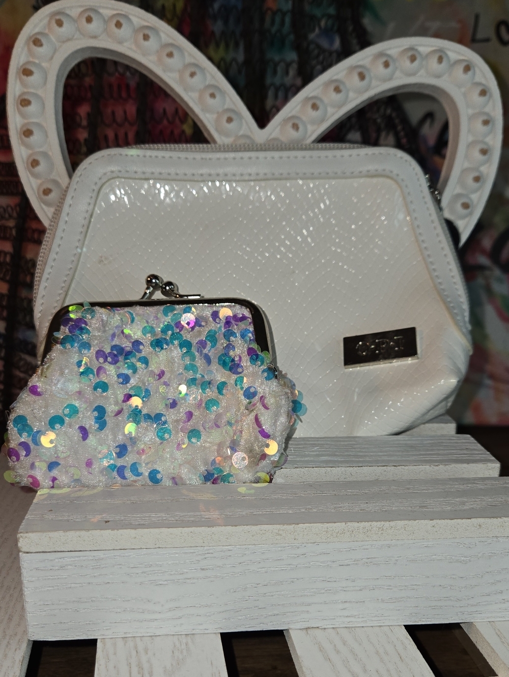 White Patent Women's Handbag with Iridescent Sequin Coin Purse